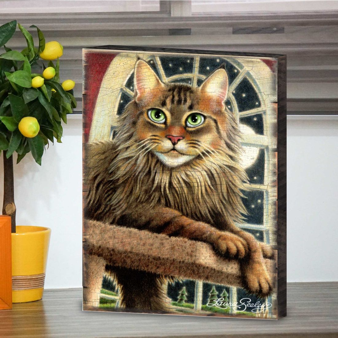 Cat at the Window Arch Wooden Wall Art by Laura Seeley