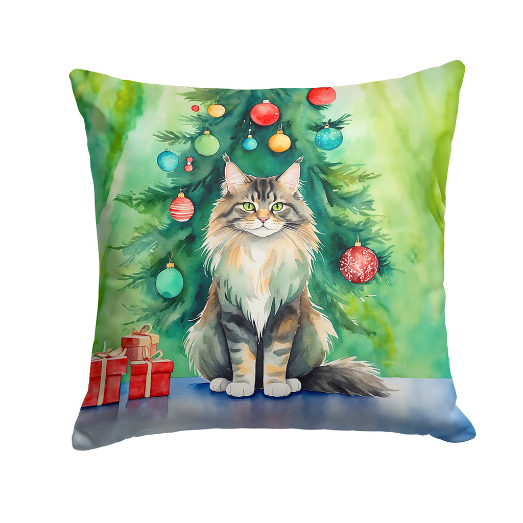Maine Coon Cat by the Christmas Tree Throw Pillow