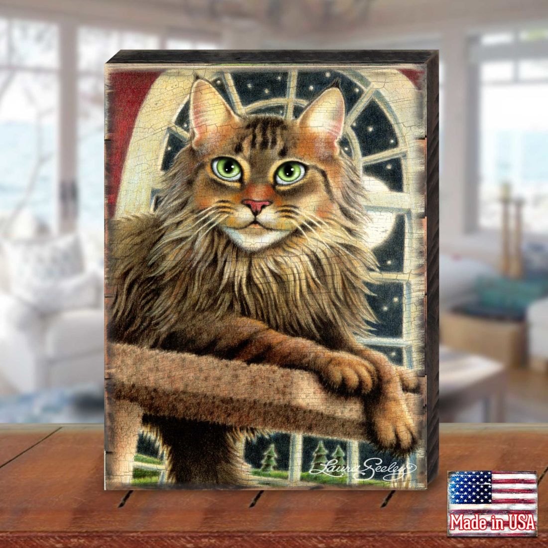 Cat at the Window Arch Wooden Wall Art by Laura Seeley