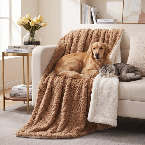 Brown Faux Fur Pet Blanket, Washable Sherpa Throw